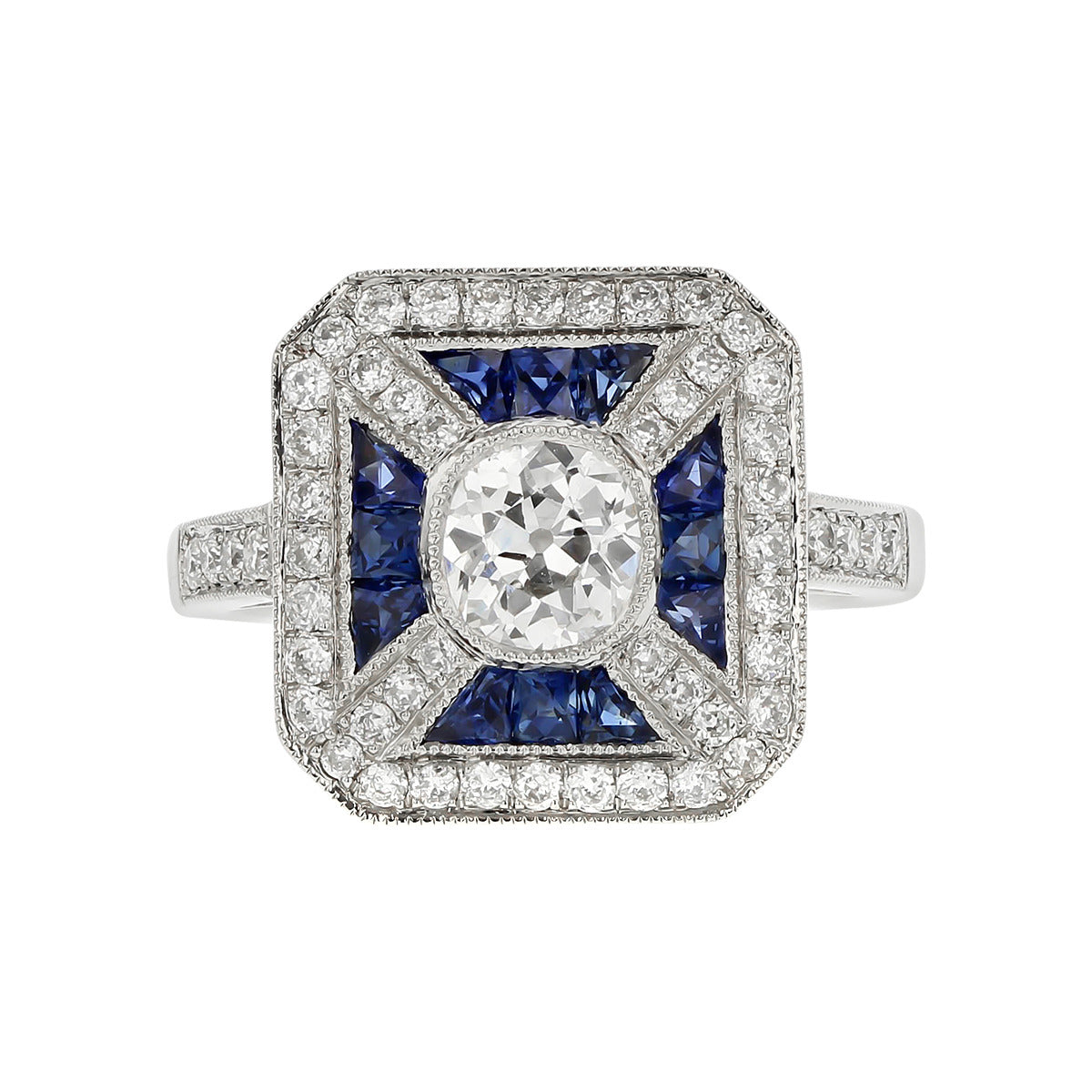 DARDASHTI, Art Deco Style Diamond Ring with Sapphire Accents