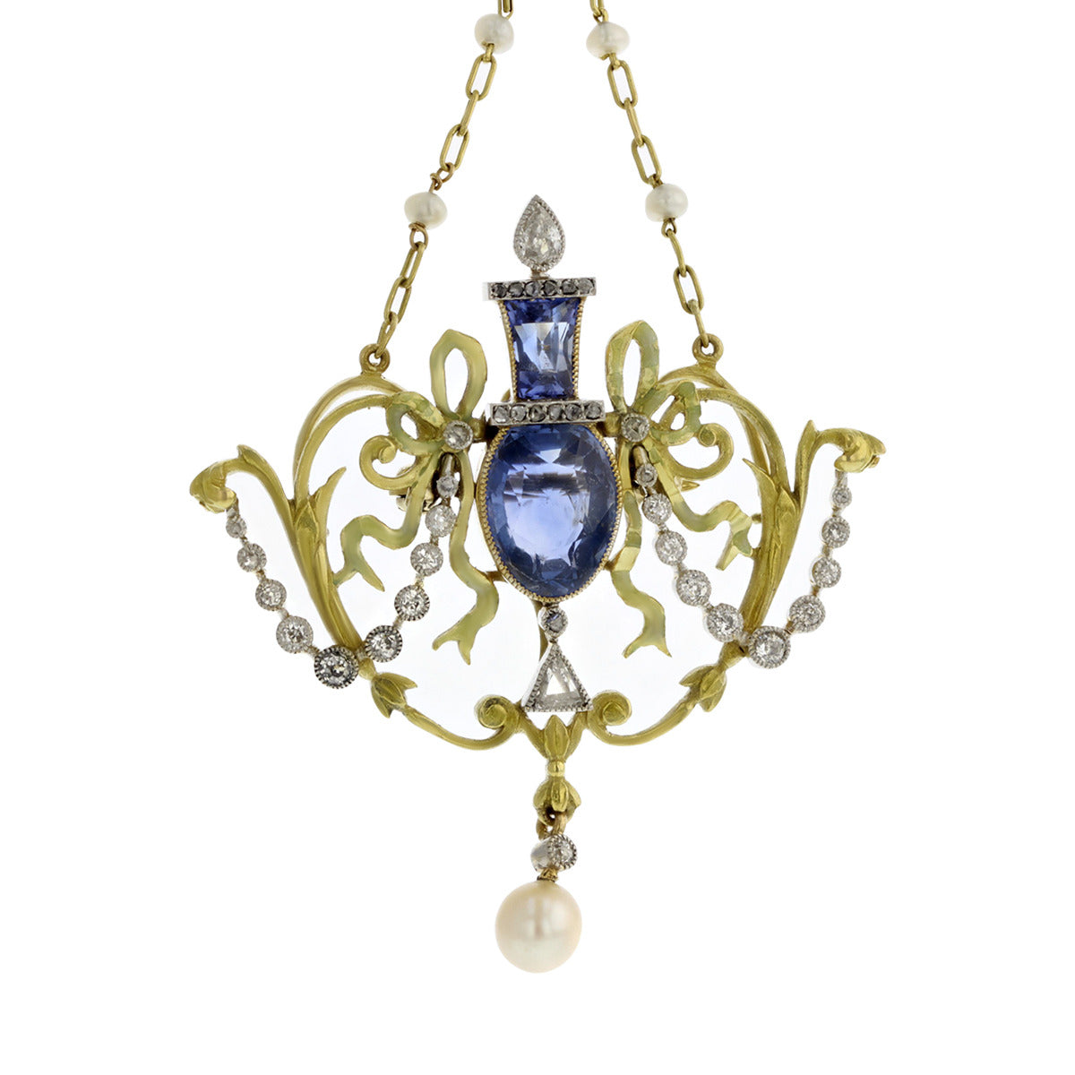 TRADE JEWELRY, Art Nouveau Sapphire, Diamond and Pearl Necklace